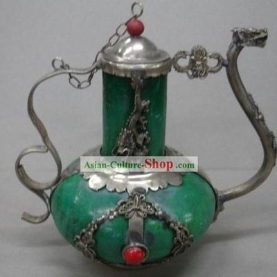 Chinese Ancient Palace Style Green Jade and Silver Kettle