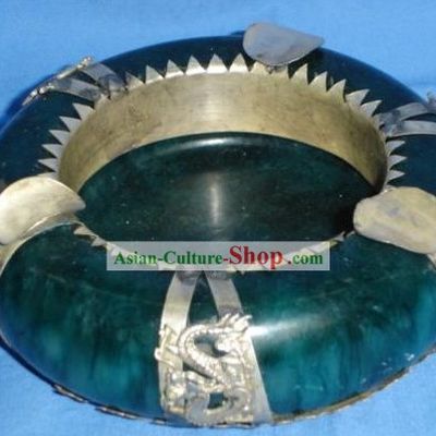 Chinese Ancient Style Green Jade and Silver Ashtray