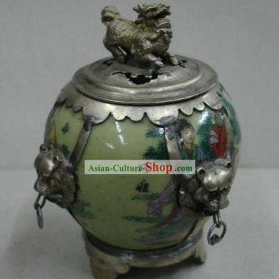 Chinese Qiao Niang Jade and Silver Censer