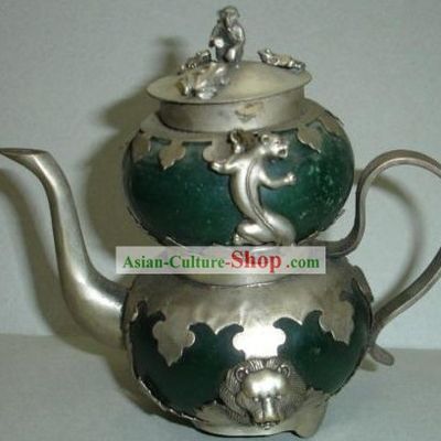 Chinese Ancient Lion Style Silver and Jade Kettle