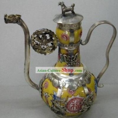 Chinese Ancient Palace "Fu" Style Silver and Jade Kettle