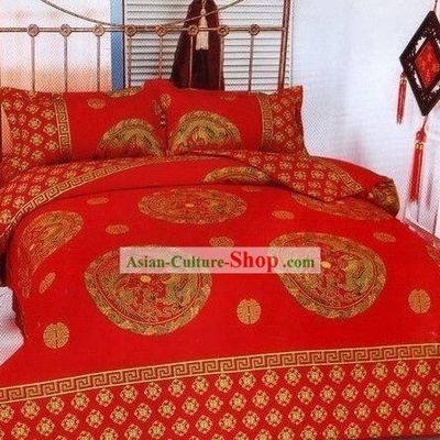 Chinese Stunning Cotton Wedding Bed Sheet Set(Four Pieces)-Dragon and Phoenix