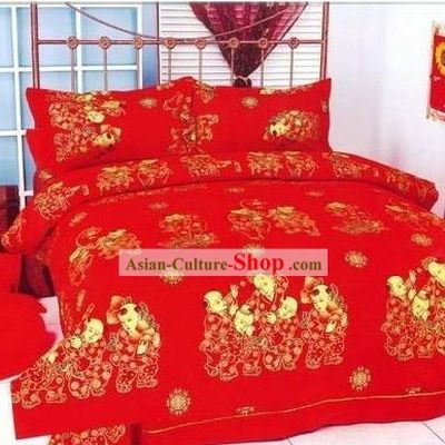 Chinese Classical Cotton Wedding Bed Sheet Set(Four Pieces)-More Children, More Happiness