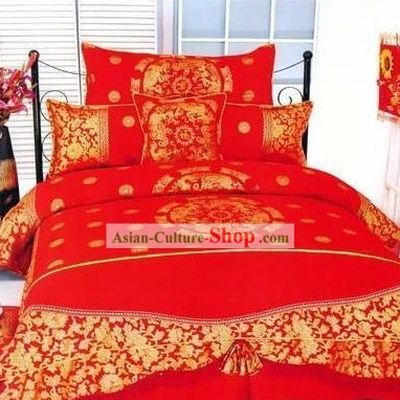 Chinese Traditional Cotton Wedding Bed Sheet Set(Four Pieces)-Dragon and Phoenix