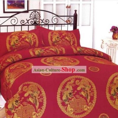 Chinese Classical Cotton Wedding Bed Sheet Set(Four Pieces)-Dragon and Phoenix