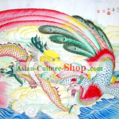 Chinese Traditional Painting with Meticulous Detail-Dragon and Phoenix Love