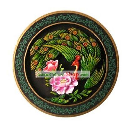 Chinese Hand Carved Healthy Active Carbon Round Plate-Peacock