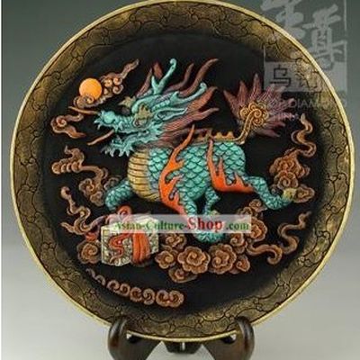 Chinese Hand Carved Healthy Active Carbon Round Plate-Kylin