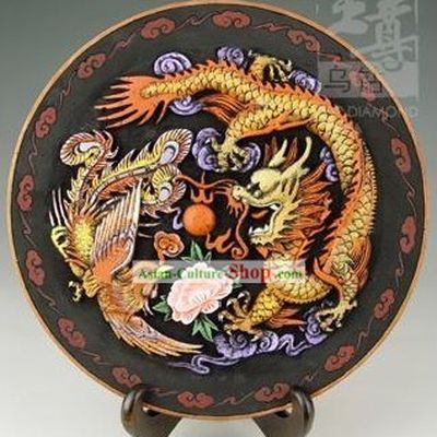 Chinese Hand Carved Healthy Active Carbon Round Plate-Dragon