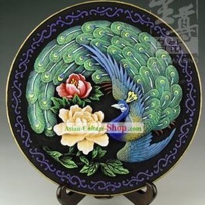 Chinese Hand Carved Healthy Active Carbon Large Round Plate-Peacock