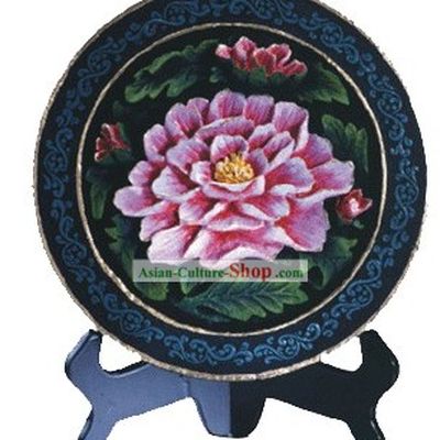 Chinese Hand Carved Healthy Active Carbon Large Round Plate-Peony