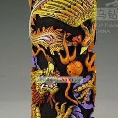 Chinese Hand Carved Healthy Active Carbon Large Round Plate-Dragon and Phoenix