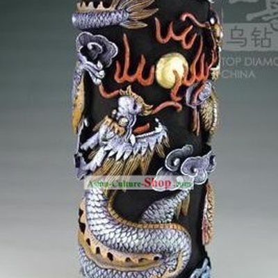 Chinese Hand Carved Healthy Active Carbon Large Round Plate-Double Dragon