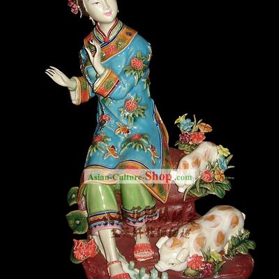 Chinese Stunning Porcelain Collectibles-Ancient Woman With Pigs