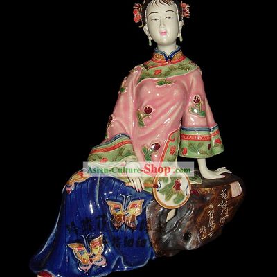 Chinese Stunning Colourful Porcelain Collectibles-Ancient Beauty With Fan
