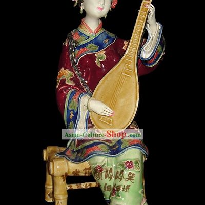 Chinese Stunning Colourful Porcelain Collectibles-Ancient Maiden Playing Lute