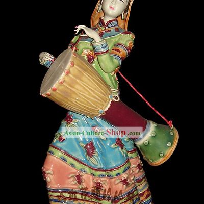 Chinese Stunning Colourful Porcelain Collectibles-Ancient Minority Woman Playing Drum