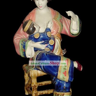 Chinese Stunning Colourful Porcelain Collectibles-Ancient Woman Feeding Bady