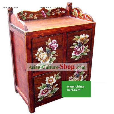 Chinese Red Hand Painted Flowery Four Drawers Storage Cabinet