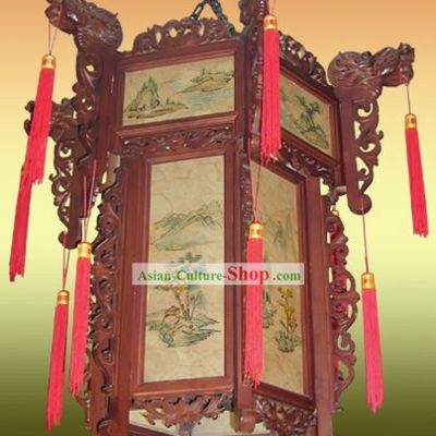 Chinese Classical Two Layers Hand Painted and Carved Palace Landscape Lantern