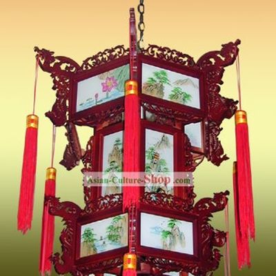 Large Chinese Hand Made and Painted Landscape Two Layers Palace Lantern