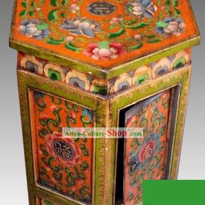 Chinese Palace Yellow Coloured Painting Storage Cabinet and Stool