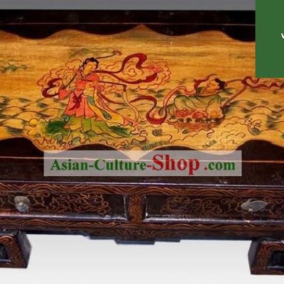 Chinese Black Coloured Painting Double Drawers Table