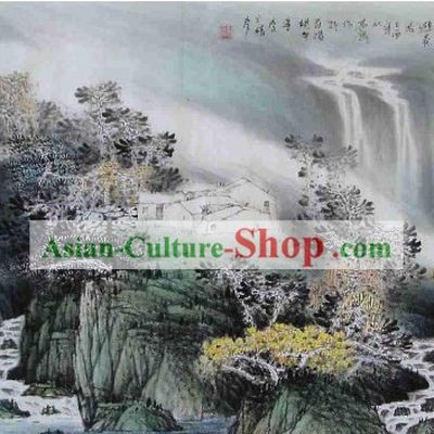 Large Traditional Chinese Painting by Mo Gaoquan-Rainy Waterfall