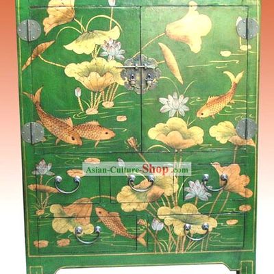 Chinese Classic Green Lotus Carp Cabinet