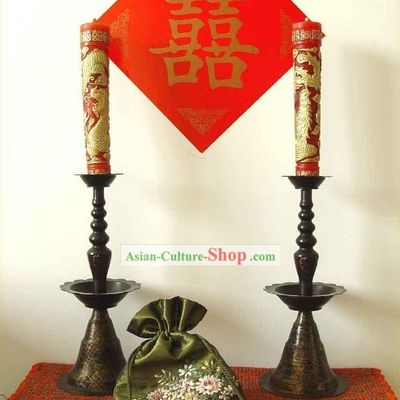 Chinese Classic Wedding Candleholder Couple (with Dragon and Phoenix Xi Candles)