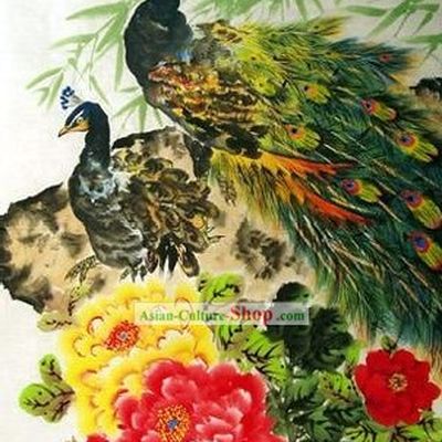 Chinese Hand Painted Painting by Qin Xia-Peacock Love
