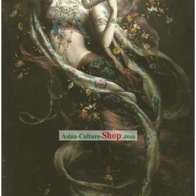 Rare Dunhuang Chinese Handicraft Embroidery Fresco-Fairy Playing Flute