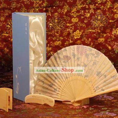 Chinese Carpenter Tan Hand Made Mirror Comb and Fan Gift Set