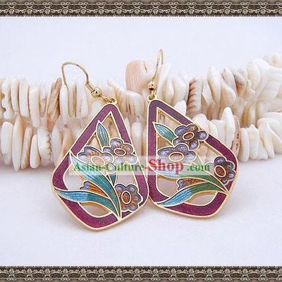 Chinese Orichid Cloisonne Earrings