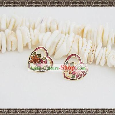 Chinese Classic Cloisonne Ear Studs-Heart Flower