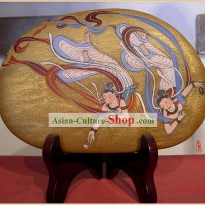 Chinese Dunhuang Hand Painted Cobblestone Mural Art-Dancing Fairies