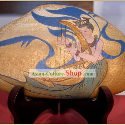 Chinese Dunhuang Hand Painted Cobblestone Mural Art-Playing Harp