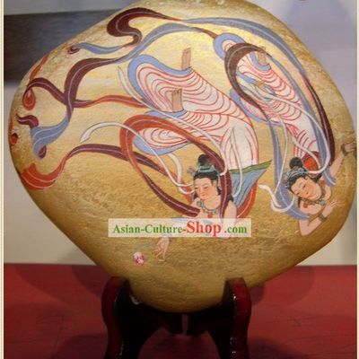 Chinese Dunhuang Hand Painted Cobblestone Mural Art-Dancing Apsaras