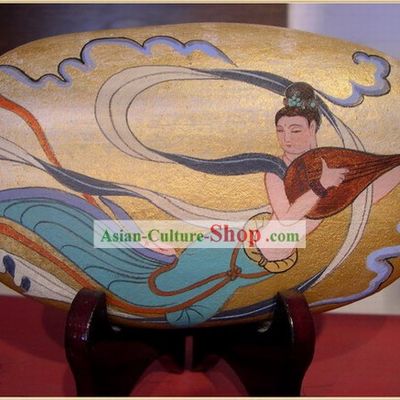 Chinese Dunhuang Hand Painted Cobblestone Mural Art-Playing Lute