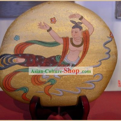 Chinese Dunhuang Hand Painted Cobblestone Mural Art-Chang E