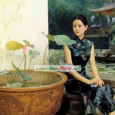 Chinese Oil Painting-Woman Besides Lotus