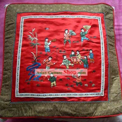 Chinese Hand Embroidered Silk Cushion-The More Sons, The More Blessings