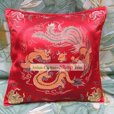 Chinese Lucky Red Dragon and Phoenix Cushion Covering