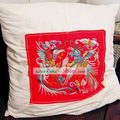 Chinese Lucky Red Phoenix Pair Silk Cushion