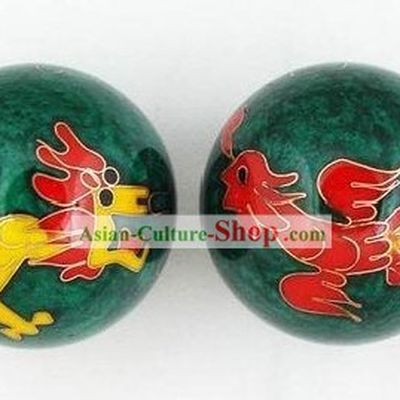 Chinese Body-Building Cloisonne Dragon and Phoenix Balls