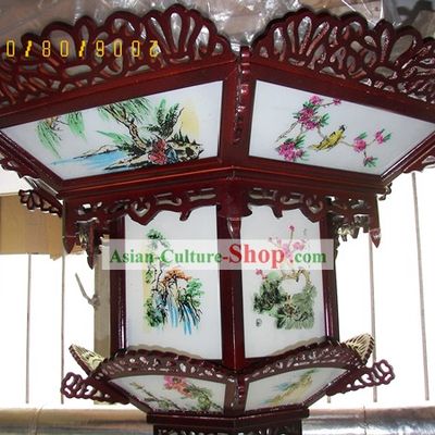 48" Large Chinese Hand Painted and Carved Two Layers Palace Basket Ceiling Lantern