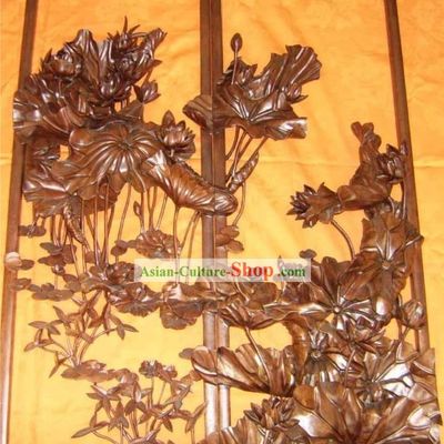 Chinese Palace Hand Carved Wooden Wall Hanging-Lotus
