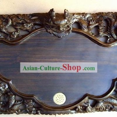 Chinese Hand Carved Natural Ebony Wood Tea Tray-Dragon Gathering