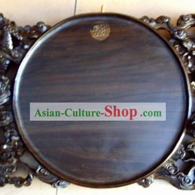 Chinese Hand Carved Ebony Wood Tea Tray-Double Dragons Playing Ball
