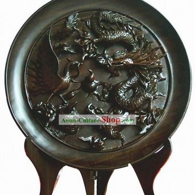 Chinese Hand Carved Ebony Wood Plate-Dragon, Phoenix, Tortoise and Kylin